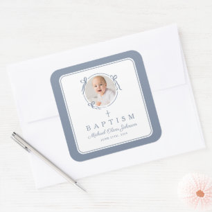 Elegant Dusty Blue Boy Photo Baptism Square Sticker