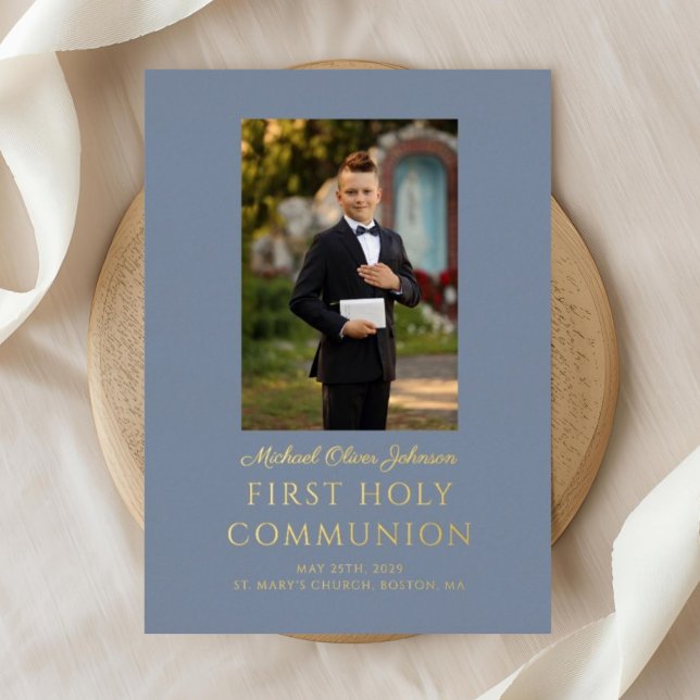 Elegant Dusty Blue Boy Photo First Communion Gold (Elegant Dusty Blue Boy Photo First Communion Gold Foil Invitation)