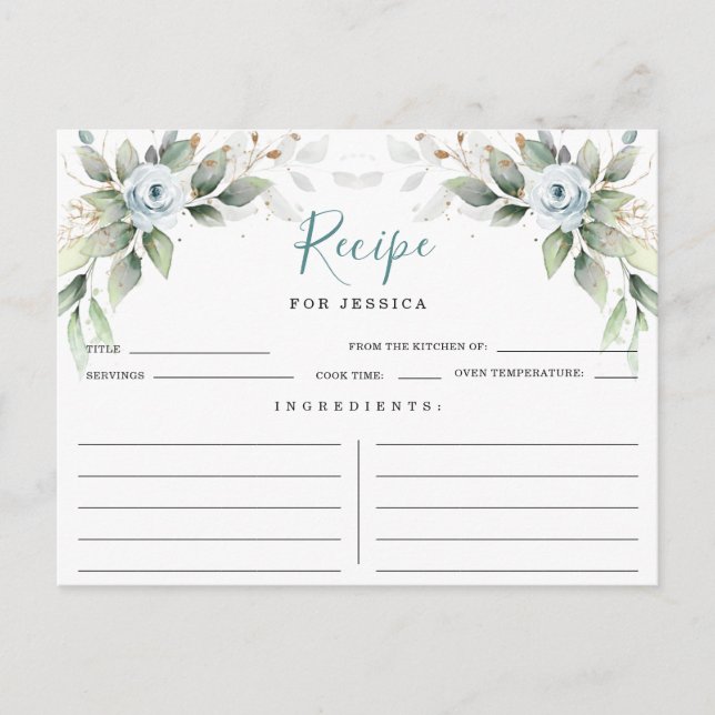 Elegant Dusty Blue Bridal Shower Recipe Card (Front)