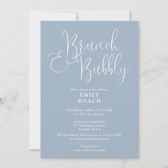 Elegant Dusty Blue Brunch And Bubbly Bridal Shower Invitation (Front)
