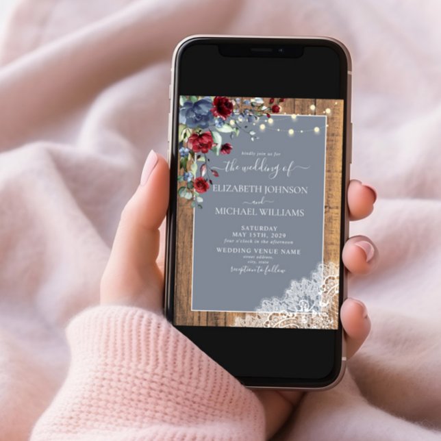 Elegant Dusty Blue Burgundy Floral Lace Wood Invitation (Creator Uploaded)