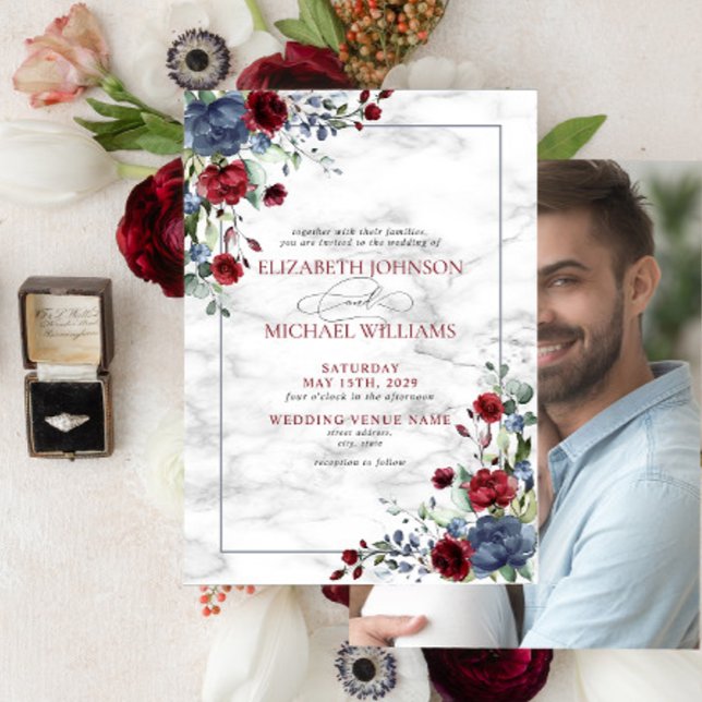 Elegant Dusty Blue Burgundy Floral Photo Wedding Invitation (Creator Uploaded)