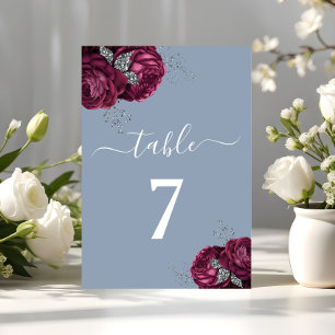 Elegant Dusty Blue Burgundy Floral  Table Number