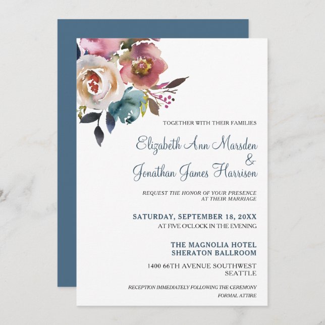Elegant Dusty Blue Burgundy Floral Wedding Invitation (Front/Back)