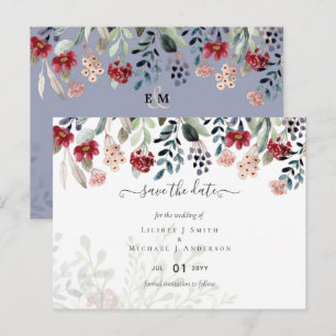 Elegant Dusty Blue Burgundy Floral Wedding Postcard
