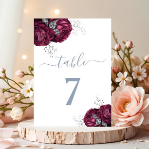 Elegant Dusty Blue Burgundy Peonies  Table Number