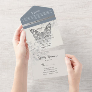 Elegant Dusty Blue Butterfly Wedding All In One Invitation