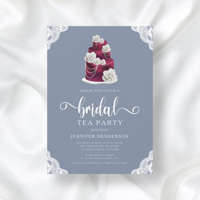 Elegant Dusty Blue Cake And Lace Bridal Tea Party Invitation (Creator Uploaded)