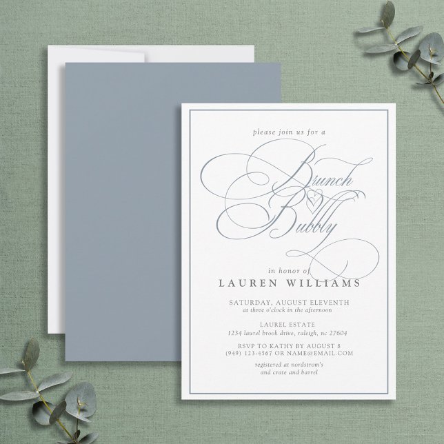 Elegant Dusty Blue Calligraphy Brunch & Bubbly Invitation (Creator Uploaded)