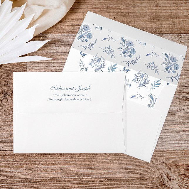 Elegant Dusty Blue Calligraphy Chinoiserie Wedding Envelope (Creator Uploaded)