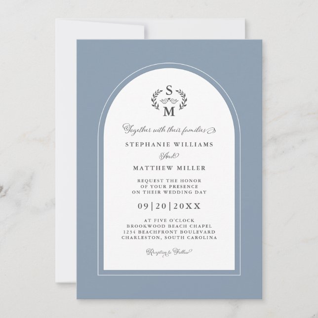 Elegant Dusty Blue Calligraphy Crest Arch Wedding Invitation (Front)