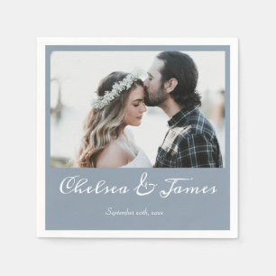 Elegant Dusty Blue Calligraphy Photo Wedding Napkin