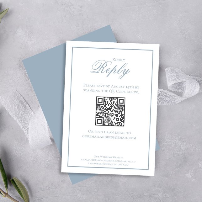 Elegant Dusty Blue Calligraphy Script RSVP (Elegant dusty blue rsvp card with scannable QR code. )