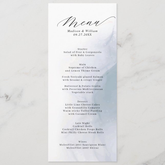 Elegant Dusty Blue Calligraphy Script Wedding Menu (Front)