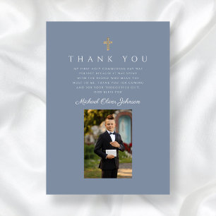 Elegant Dusty Blue Catholic Boy First Communion Thank You Card