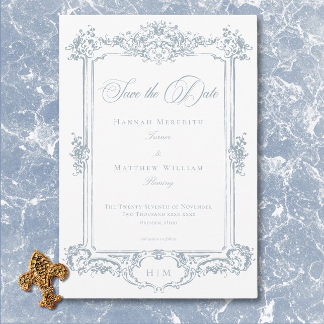 Elegant Dusty Blue Chinoiserie Cherub Wedding Save The Date (Elegant Dusty Blue Chinoiserie Cherub Wedding Save The Date)