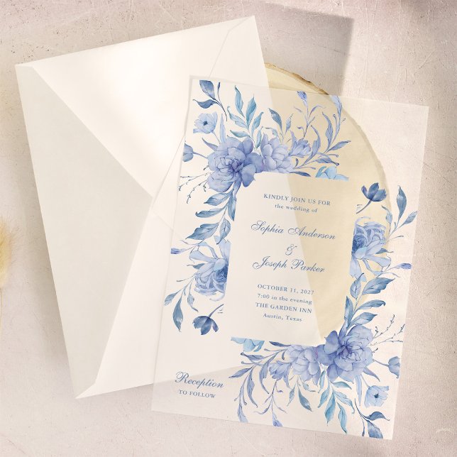 Elegant Dusty Blue Chinoiserie Floral Wedding Vellum Invitations (Creator Uploaded)