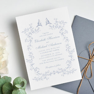 Elegant Dusty Blue Chinoiserie Watercolor Wedding Invitation