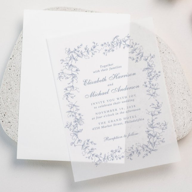 Elegant Dusty Blue Chinoiserie Watercolor Wedding Vellum Invitations (Elevate your wedding invitations with the timeless beauty of vellum overlays)