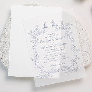 Elegant Dusty Blue Chinoiserie Watercolor Wedding Vellum Invitations