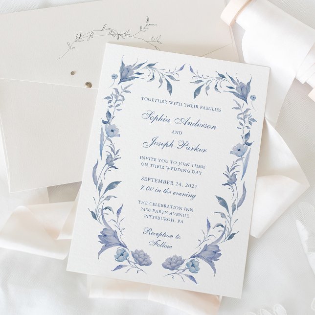 Elegant Dusty Blue Chinoiserie Wedding Invitation (Creator Uploaded)