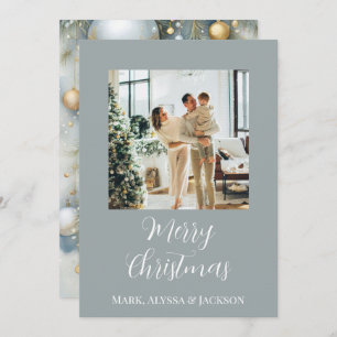 Elegant Dusty Blue Christmas Baubles Family Photo Holiday Card