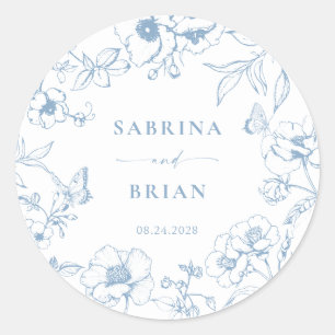 Elegant Dusty Blue Classic Floral Wedding  Round Sticker