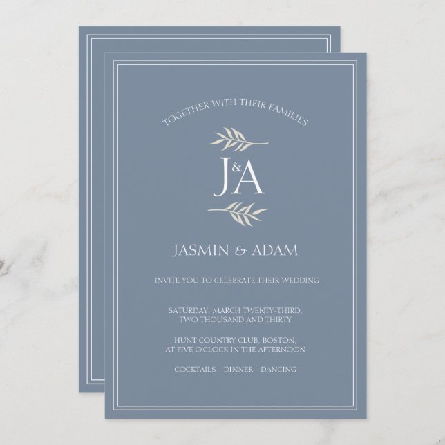Elegant Dusty Blue Classic Initials Wedding  Invitation (Front/Back)