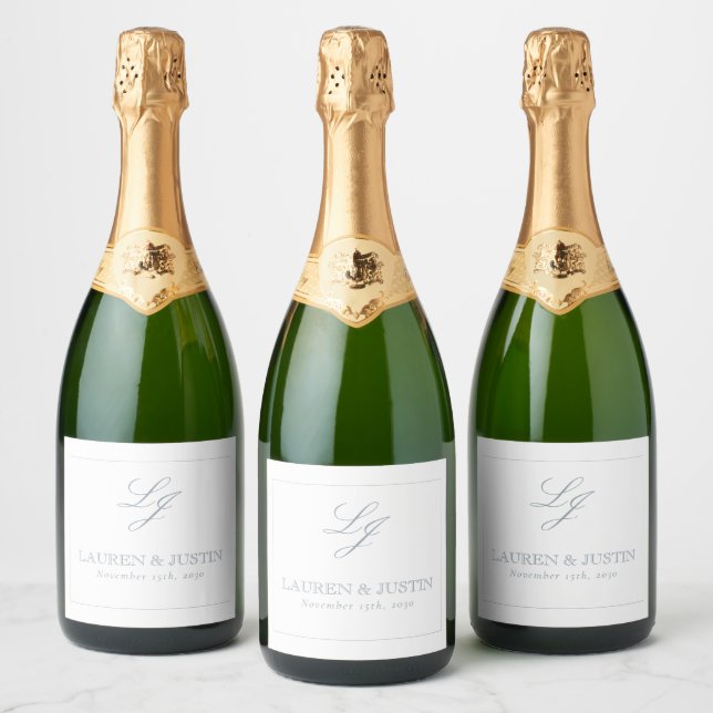 Elegant Dusty Blue Classic Monogram Script Wedding Sparkling Wine Label (Bottles)