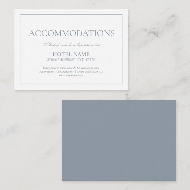 Elegant Dusty Blue Classic Script Accommodations Enclosure Card (Front/Back)