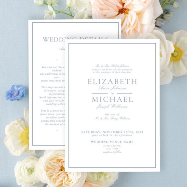 Elegant Dusty Blue Classic Script Details Wedding Invitation (Creator Uploaded)