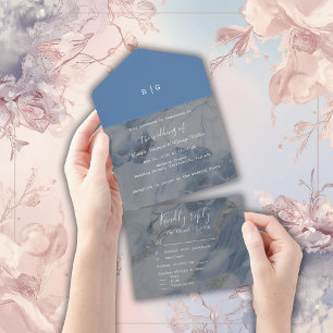 elegant dusty blue coastal ocean marble  all in one invitation
