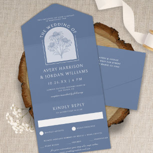 Elegant Dusty Blue Coneflower Botanical Wedding All In One Invitation