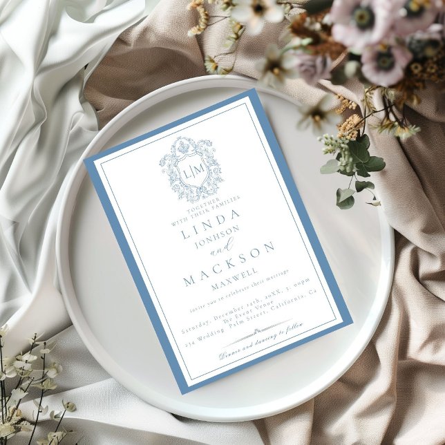 Elegant Dusty Blue Crest Monogram Wedding  Invitat Invitation (Creator Uploaded)
