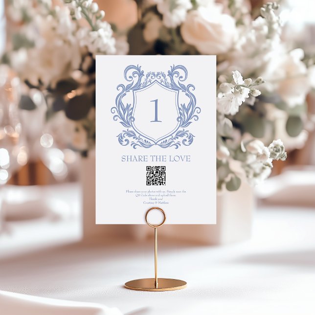 Elegant Dusty Blue Crest QR Code Photo Sharing Table Number (Creator Uploaded)