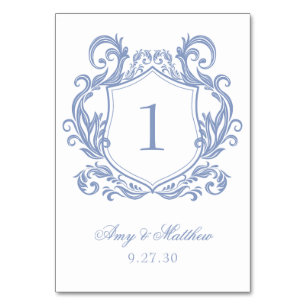 Elegant Dusty Blue Crest Wedding Table Number