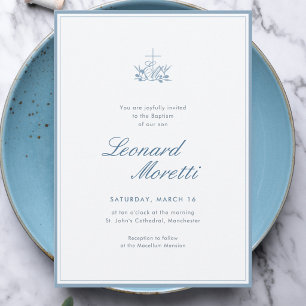 Elegant dusty blue Cross baby boy Baptism Invitation