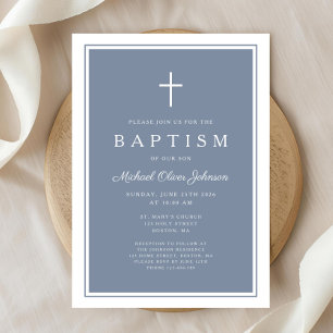 Elegant Dusty Blue Cross Baby Boy Baptism Invitation