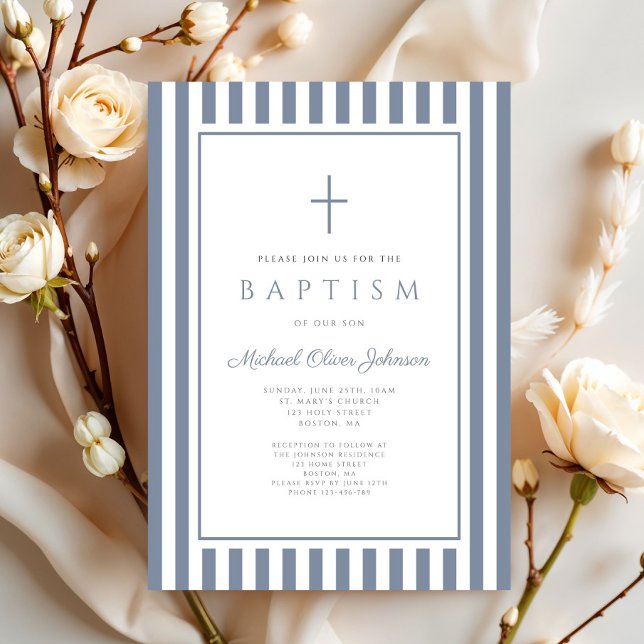 Elegant Dusty Blue Cross Boy Baptism Invitation (Elegant Dusty Blue Cross Boy Baptism Invitation)