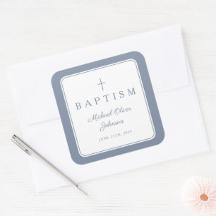 Elegant Dusty Blue Cross Boy Baptism  Square Sticker