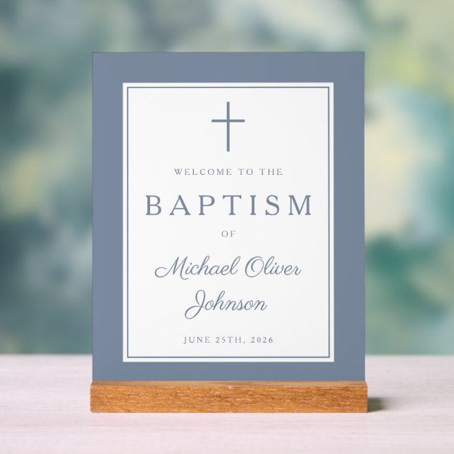 Elegant Dusty Blue Cross Boy Baptism Welcome Acrylic Sign (Neutral)