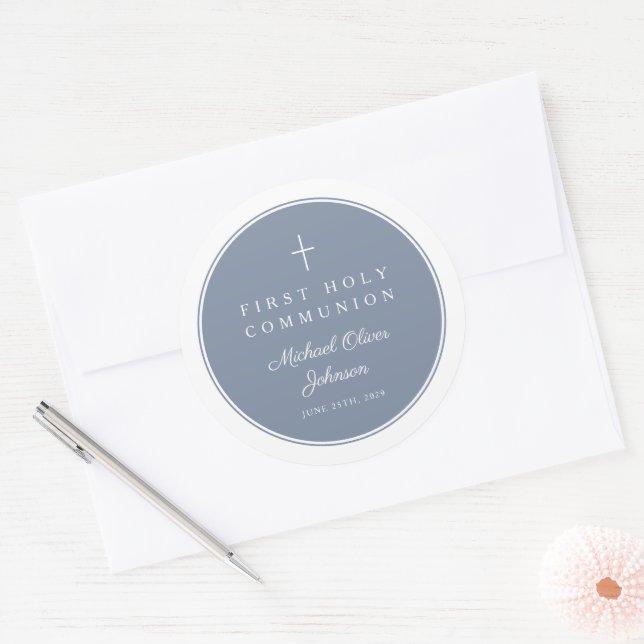 Elegant Dusty Blue Cross Boy First Communion  Classic Round Sticker (Envelope)
