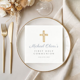 Elegant Dusty Blue Cross Boy First Communion Napkin