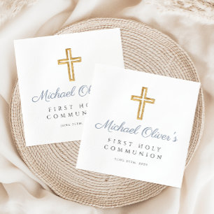 Elegant Dusty Blue Cross Boy First Communion Napkin