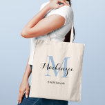 Elegant Dusty Blue Custom Wedding Bridesmaid Name Tote Bag<br><div class="desc">Elegant custom wedding tote bag features a personalised monogram typography design with modern calligraphy script name and serif monogram initial in dusty blue and black colours. Includes custom text for a bridal party title like "BRIDESMAID" or other preferred wording.</div>