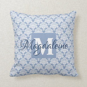 Elegant Dusty Blue Damask Monogram & Name Cushion