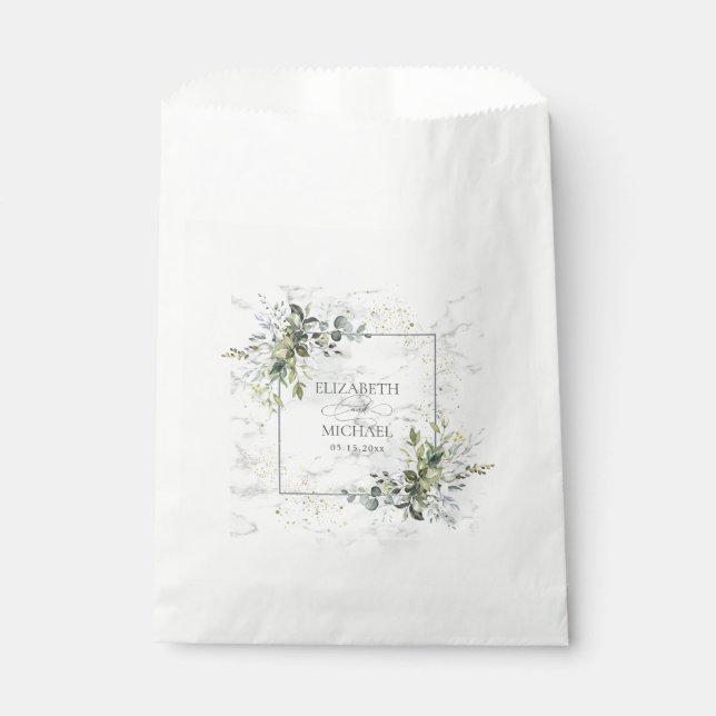 Elegant Dusty Blue Eucalyptus Greenery Marble Favour Bags (Front)