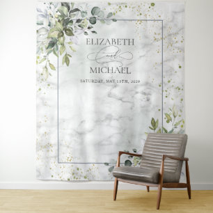 Elegant Dusty Blue Eucalyptus Greenery Marble Tapestry