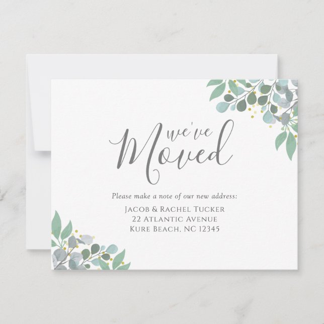 Elegant Dusty Blue Eucalyptus Moving Announcement (Front)