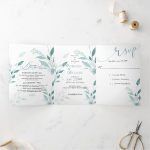 Elegant Dusty Blue Eucalyptus Teal Floral Tri-Fold Announcement